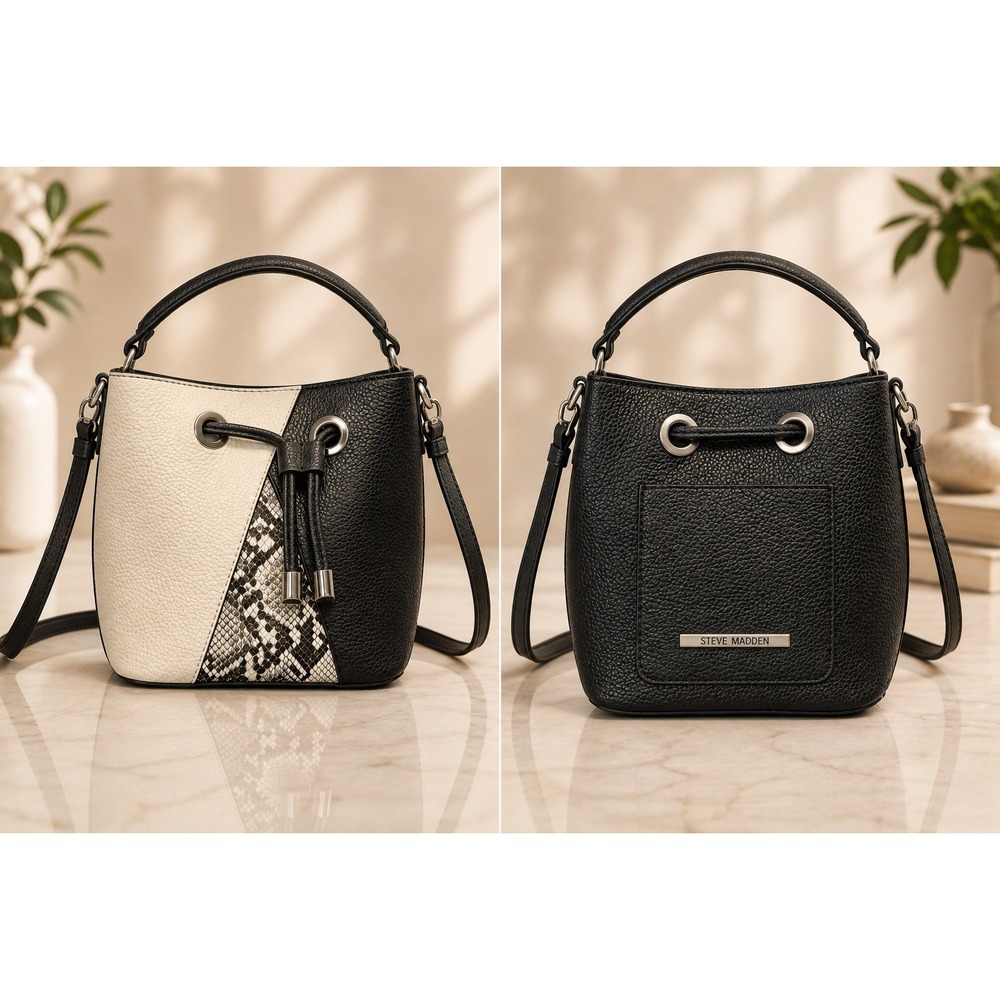 Steve Madden Black Pebbled Vegan Leather Black White Bucket Bag Crossbody Purse